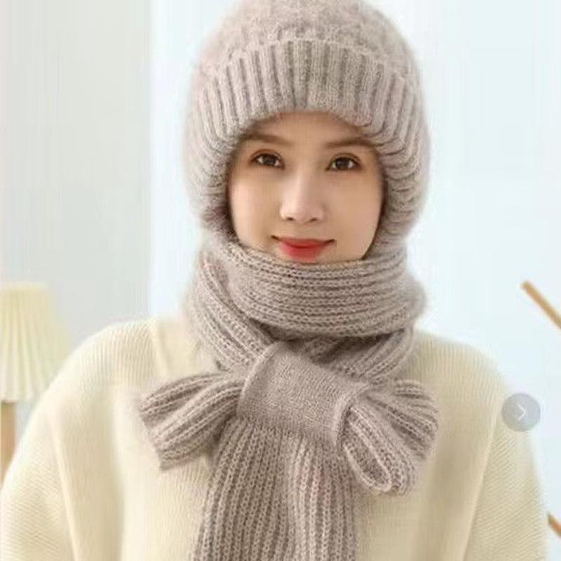 帽子女秋冬季松鼠绒帽子围巾一体风雪帽加绒毛线帽可扣护耳针织帽