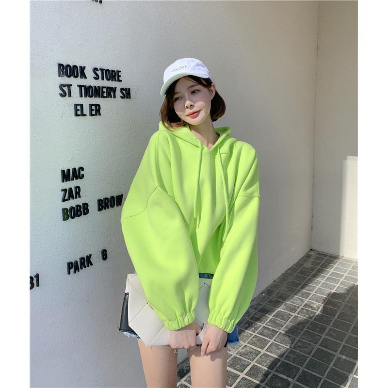 韩国2024新款春秋季小个子连帽短款女加绒荧光绿小众