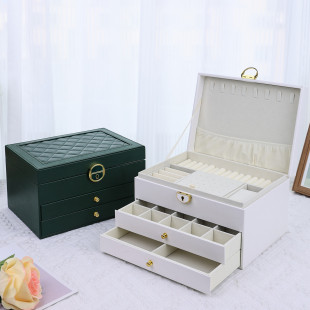德莱士多层pu皮革菱形纹三层带锁首饰收纳盒多格分区设计防尘收纳
