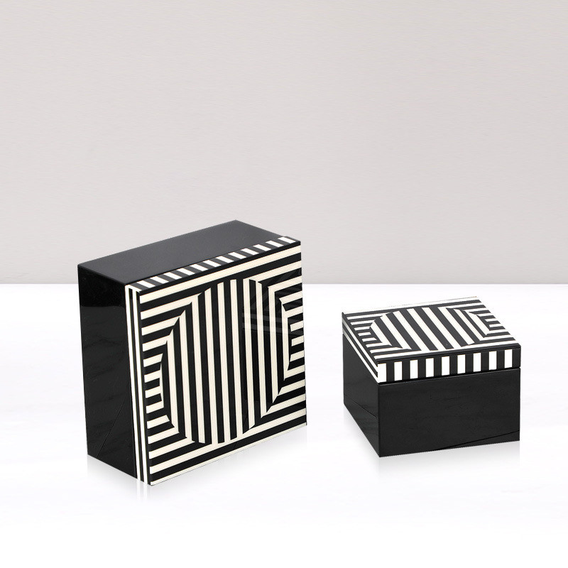热销梵茜新款轻奢首饰盒摆件黑白条纹样板房软装家居收纳托盘摆件