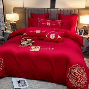 婚房中式 全棉龙凤刺绣大红色婚庆纯棉四件套喜庆陪嫁被套床上用品