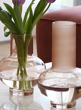 现代简约粉色磨砂玻璃花瓶摆件样板间创意客厅ins风餐桌装饰花器