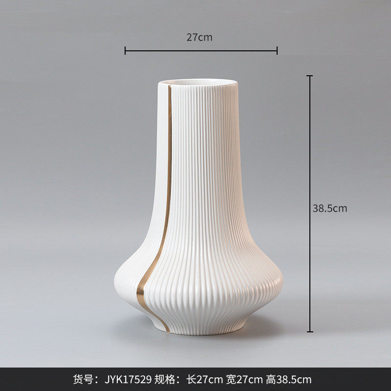best west 竖楞烟囱型电镀金边陶瓷大花瓶摆件 客厅软装花器饰品