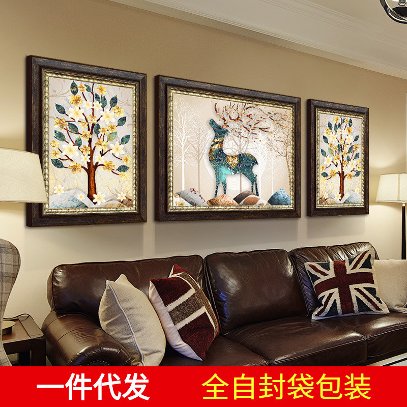 十字绣满钻石绣2019新款客厅三联画发财麋鹿摇钱树5d钻石画客厅