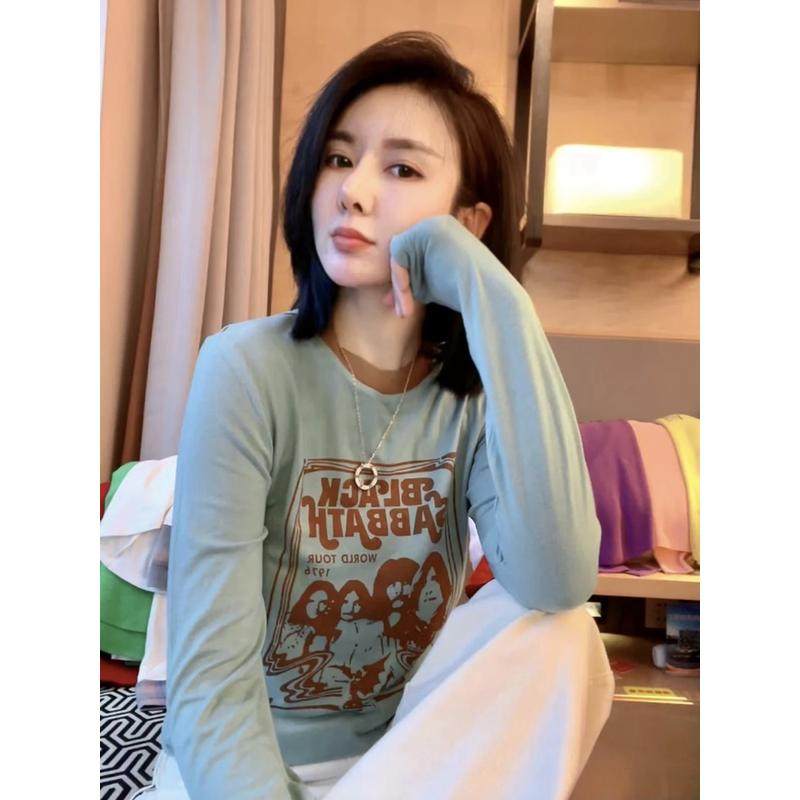 撞色领口长袖恤女2024早春新款时尚百搭四小人印花大码打底衫潮,女装/女士精品,大码内搭,淘宝优惠券,粉丝福利购,淘宝优惠卷