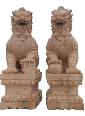 麒麟红石雕晚霞雕塑一对酒店小区别墅门口动物雕塑工艺品招财摆件