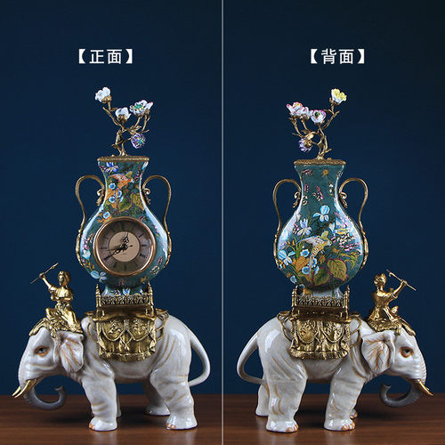 热销欧式古典创意大象时钟陶瓷配软装复古座钟家居饰品铜样板房摆