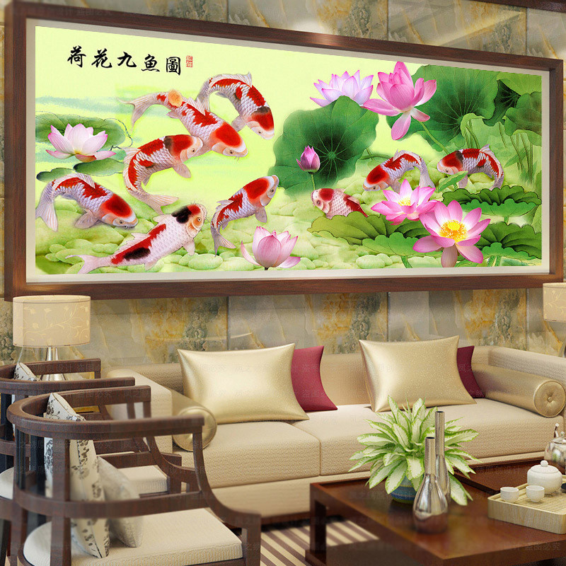 荷花九鱼图5d钻石画2024新款满钻风景点贴钻砖石绣十字绣大幅客厅