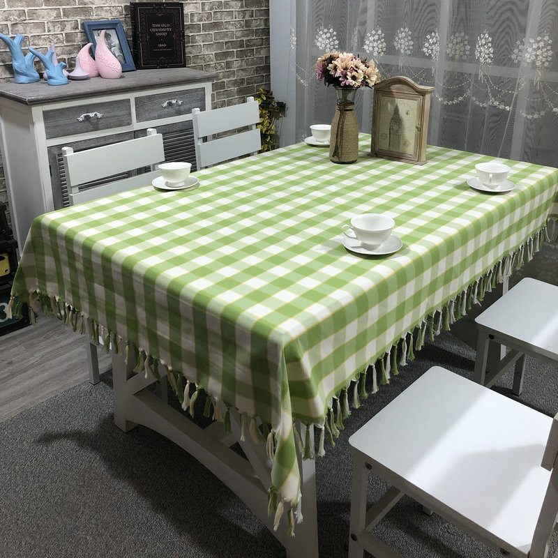 批发ins纯色流苏桌布方格子棉麻布艺长方形茶几餐桌垫子家用