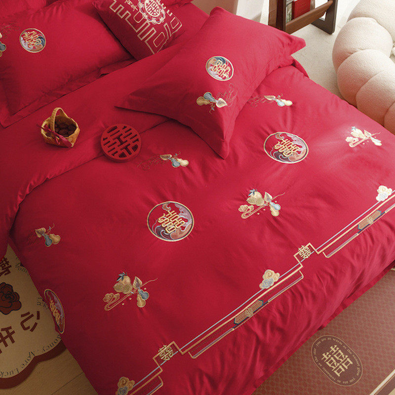结婚床上四件套婚庆全棉床单纯棉被套刺绣喜被婚床红色绣花四件套,床上用品,婚庆床品套件,淘宝优惠券,粉丝福利购,淘宝优惠卷