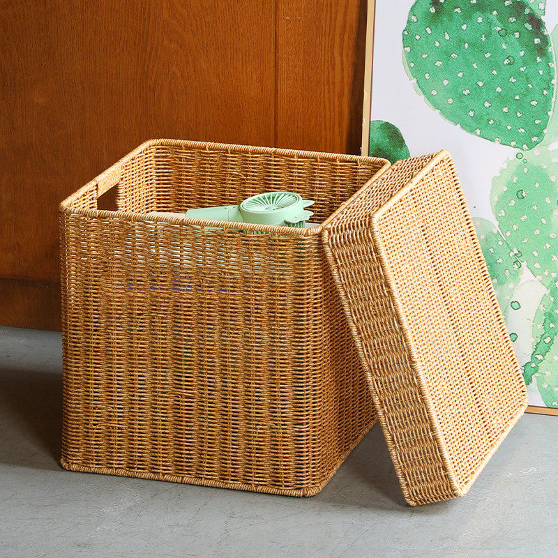 收纳箱藤编织筐大容量客厅柜置物篮方形整理收纳筐储物盒带盖