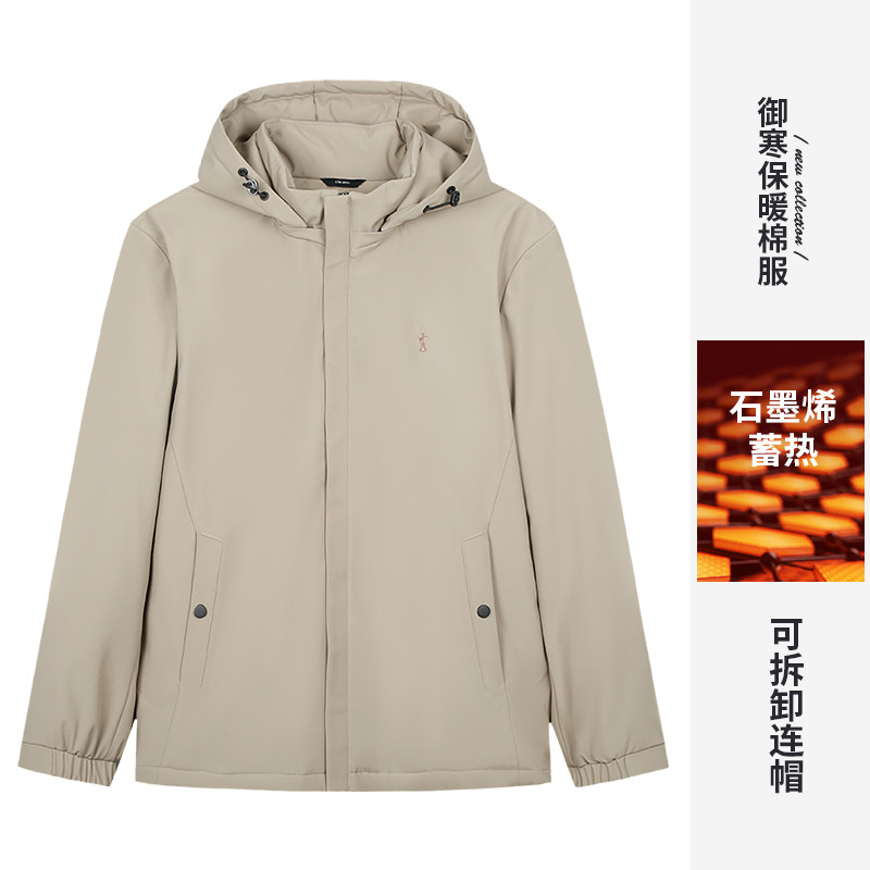 才子保暖连帽棉服男士2025冬季新款防风男装休闲黑色短款棉衣新款