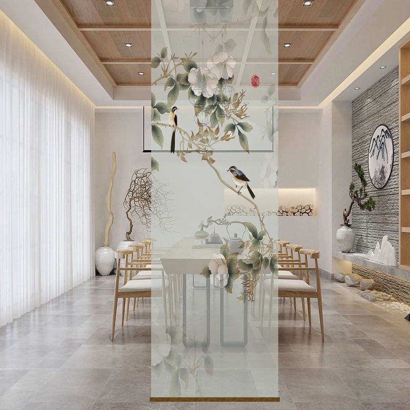 中式花鸟双面透景屏风纱卷帘隔断帘挂帘水墨窗帘纱帘透光隔断挂画