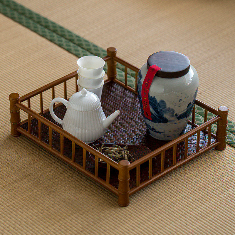竹席面置物架中式竹编干泡台茶盘茶道茶具收纳盘沥水茶托盘茶杯架