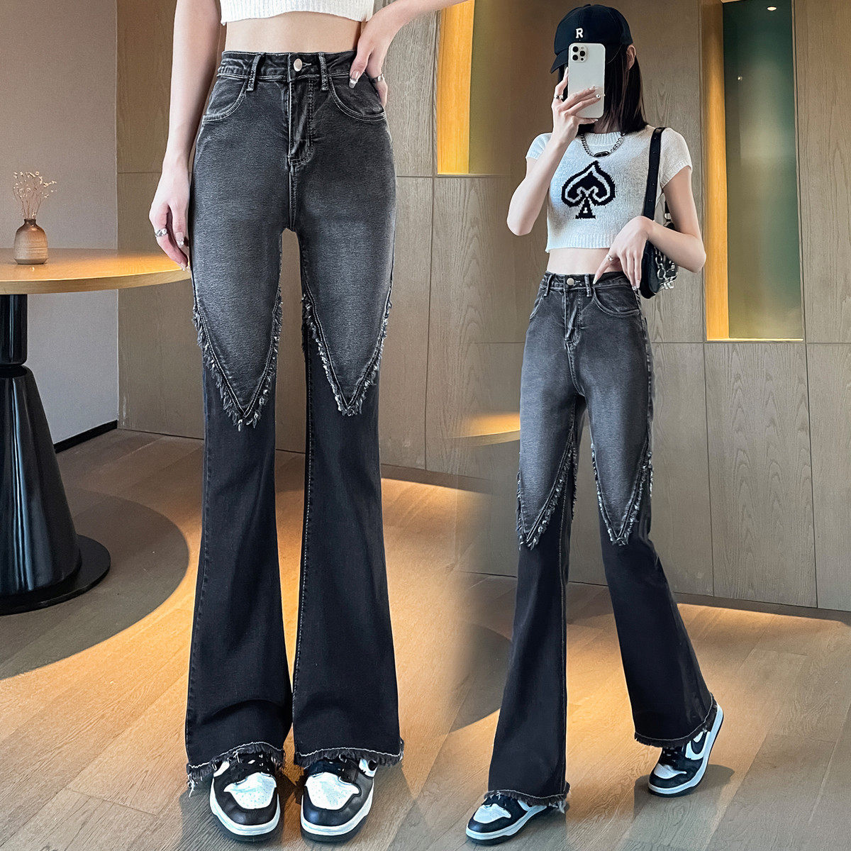 特大码300斤胖mm渐变灰女显瘦毛边拖地微喇叭阔腿长裤,女装/女士精品,大码裤装,淘宝优惠券,粉丝福利购,淘宝优惠卷