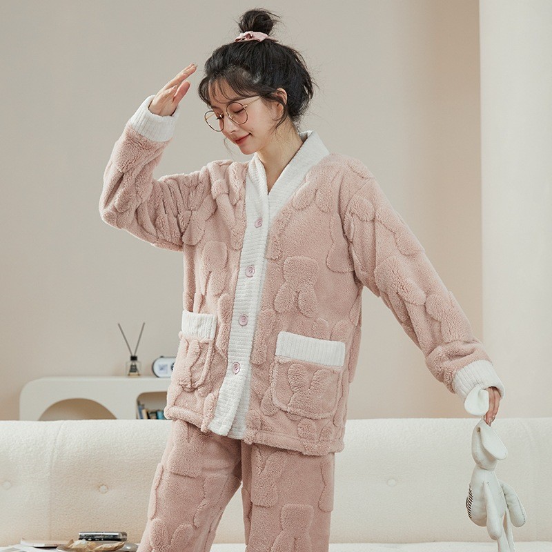 兔纹提花珊瑚绒睡衣女加绒加厚V领可外穿法兰绒情侣家居服套装男