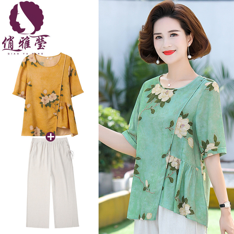 棉麻运动套装中老年女装两件套50多岁妈妈洋气裙子沙滩高知分子