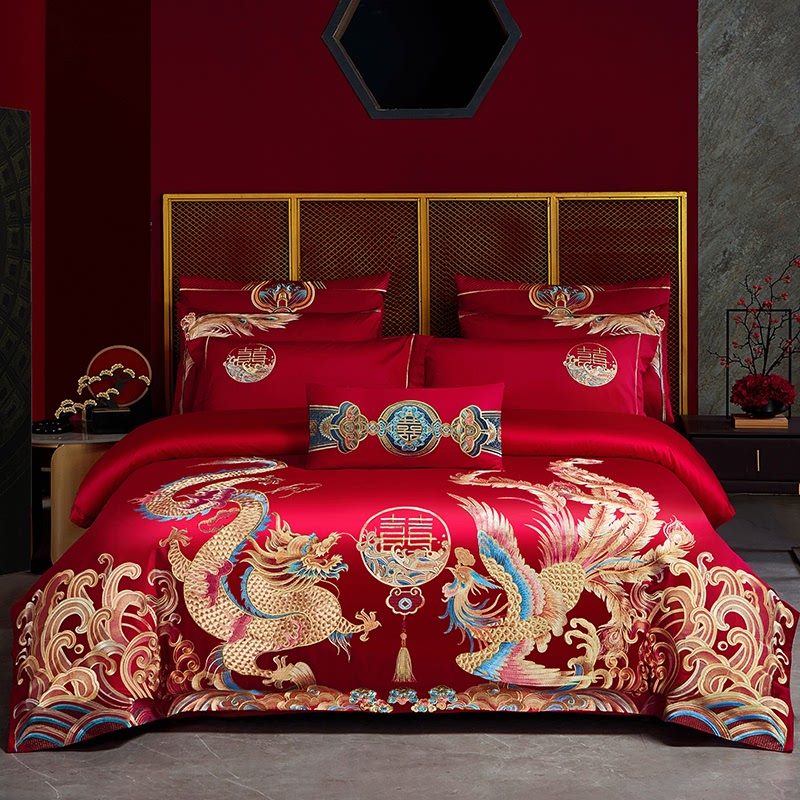 120支全棉婚庆四件套大红色长绒棉龙凤刺绣结婚纯棉喜被床上用品4,床上用品,婚庆床品套件,淘宝优惠券,粉丝福利购,淘宝优惠卷