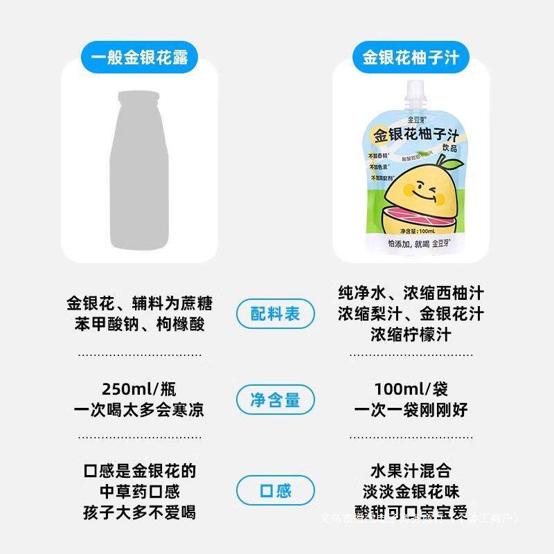 新货金豆芽金银花柚子汁100mL饮料0蔗糖夏季便携袋装即饮解暑凉茶