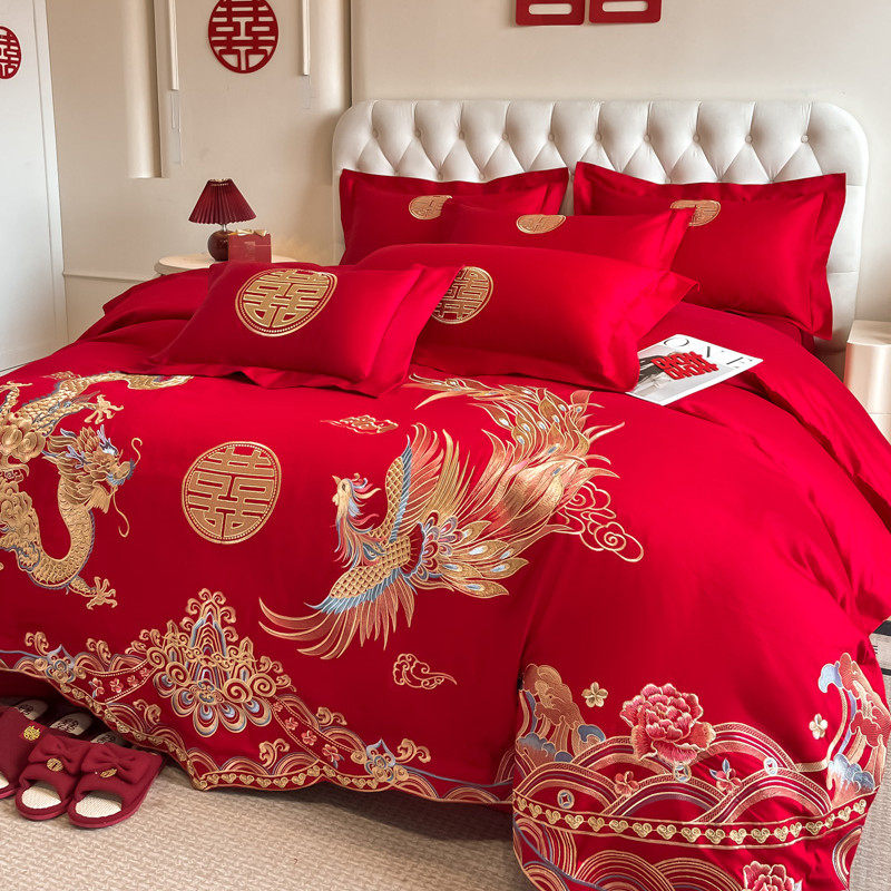 中式结婚四件套红色床单全棉龙凤刺绣被套婚庆床上用品陪嫁床笠款,床上用品,婚庆床品套件,淘宝优惠券,粉丝福利购,淘宝优惠卷