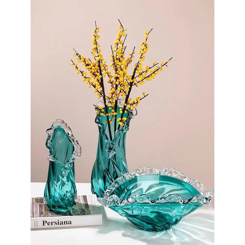 热销网红轻奢厚重玻璃琉璃花瓶客厅花边水果盘居家波浪桌面样板间