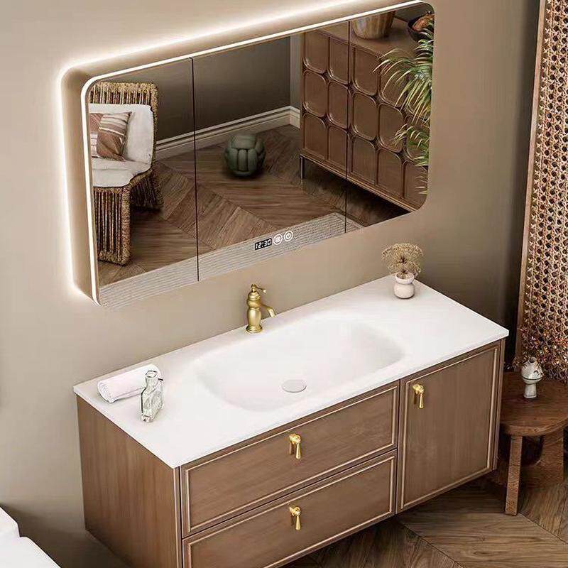 法式中古风实木烤漆复古浴室柜岩板热弯一体陶瓷盆卫生间洗漱台盆