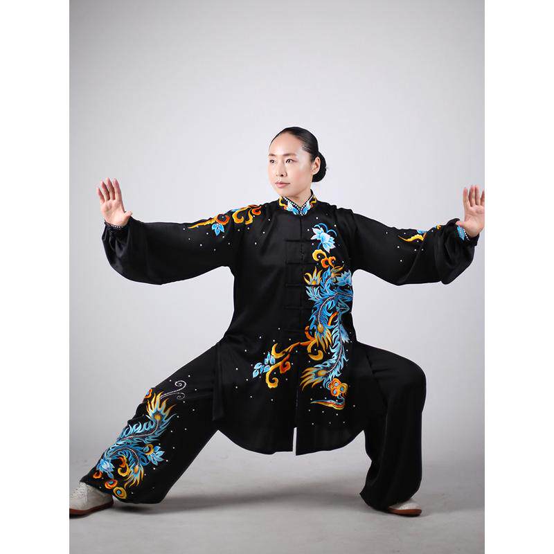 马蕾太极新款太极拳表演服男女团队中长款刺绣太极服刺绣凤鸣朝阳