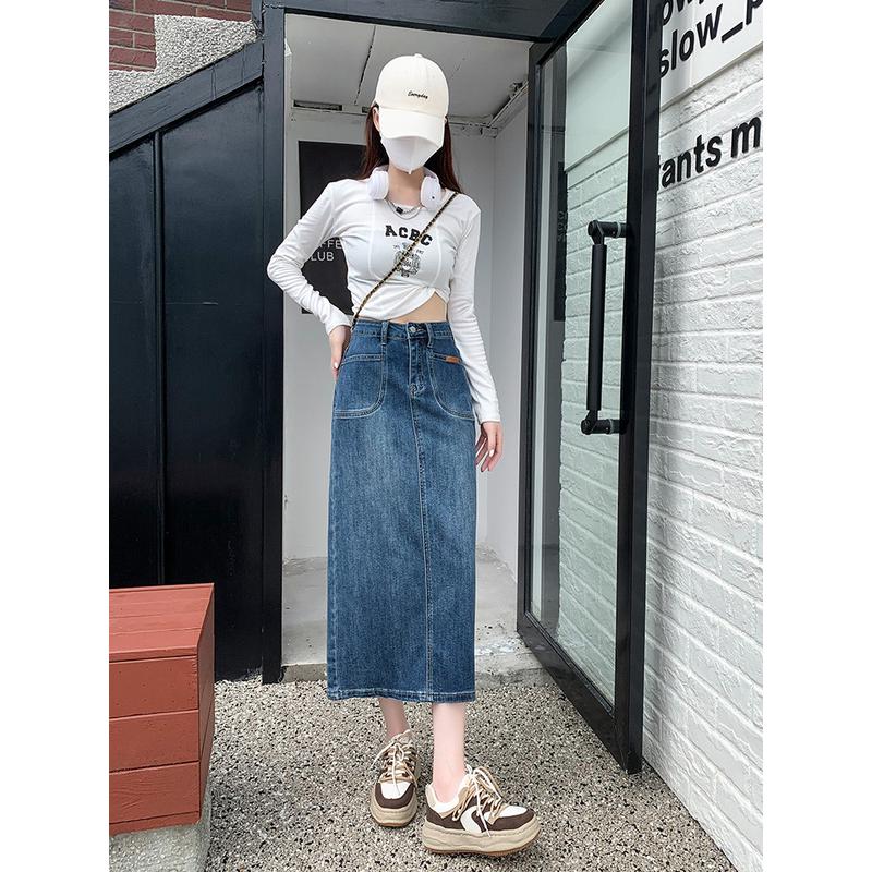 特大码胖mm牛仔女百搭显瘦开叉中长款A字裙包臀裙