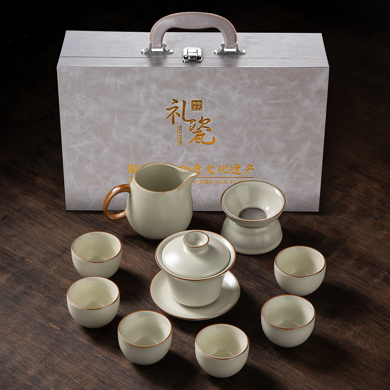 整套汝窑功夫茶具套装家用复古盖碗陶瓷茶壶礼品批发办公会客茶杯