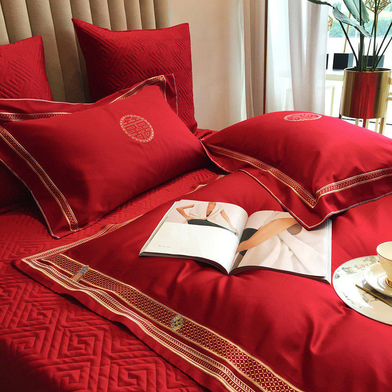 大红婚庆100支长绒棉四件套结婚纯棉床单全棉刺绣被套床盖上用品,床上用品,婚庆床品套件,淘宝优惠券,粉丝福利购,淘宝优惠卷