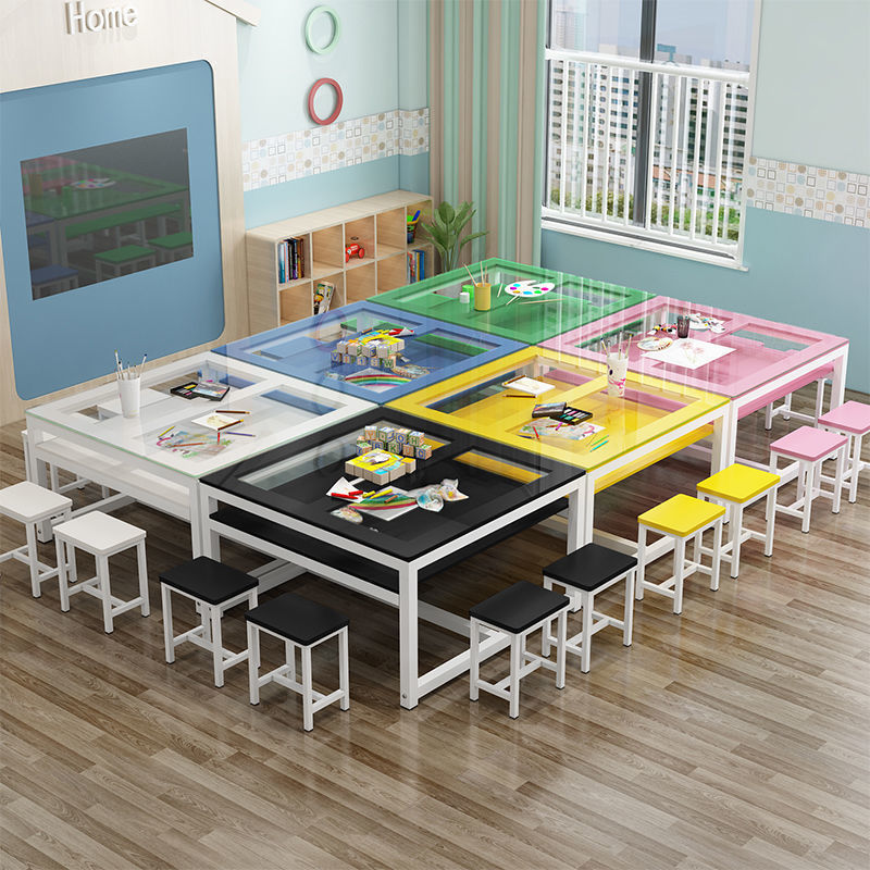 幼儿园托管班美术课桌椅绘画桌培训机构画室双层玻璃桌手工书法桌