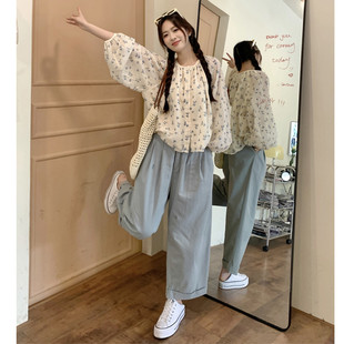 大码2025新款胖mm小清新碎花圆领宽松遮肉衬衫阔腿裤显瘦套装