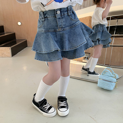 艾摩贝贝女童韩版甜酷辣妹高弹牛仔百褶短裙2024夏儿童假两件裙裤