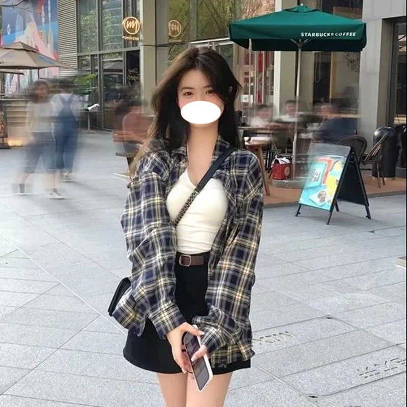 格子衬衫女士上衣春夏季韩系宽松慵懒风复古长袖衬衣开衫外套批发