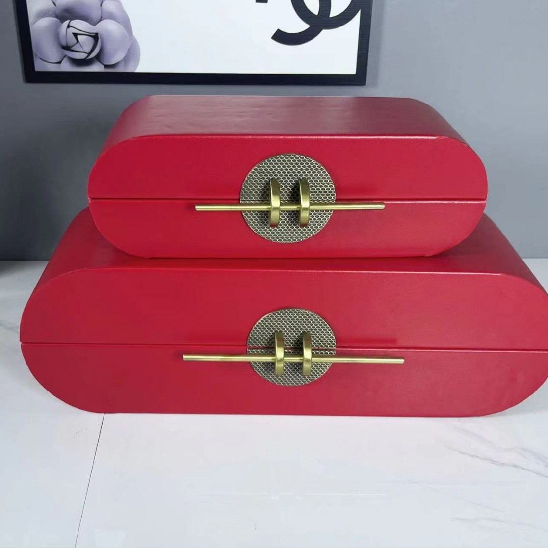 新中式木质皮革首饰收纳盒摆件样板间居衣帽间储物盒桌面装饰品