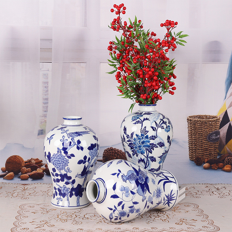 热销家居餐桌青花瓷陶瓷花瓶新中式古典插花摆件复古家居花瓶家居