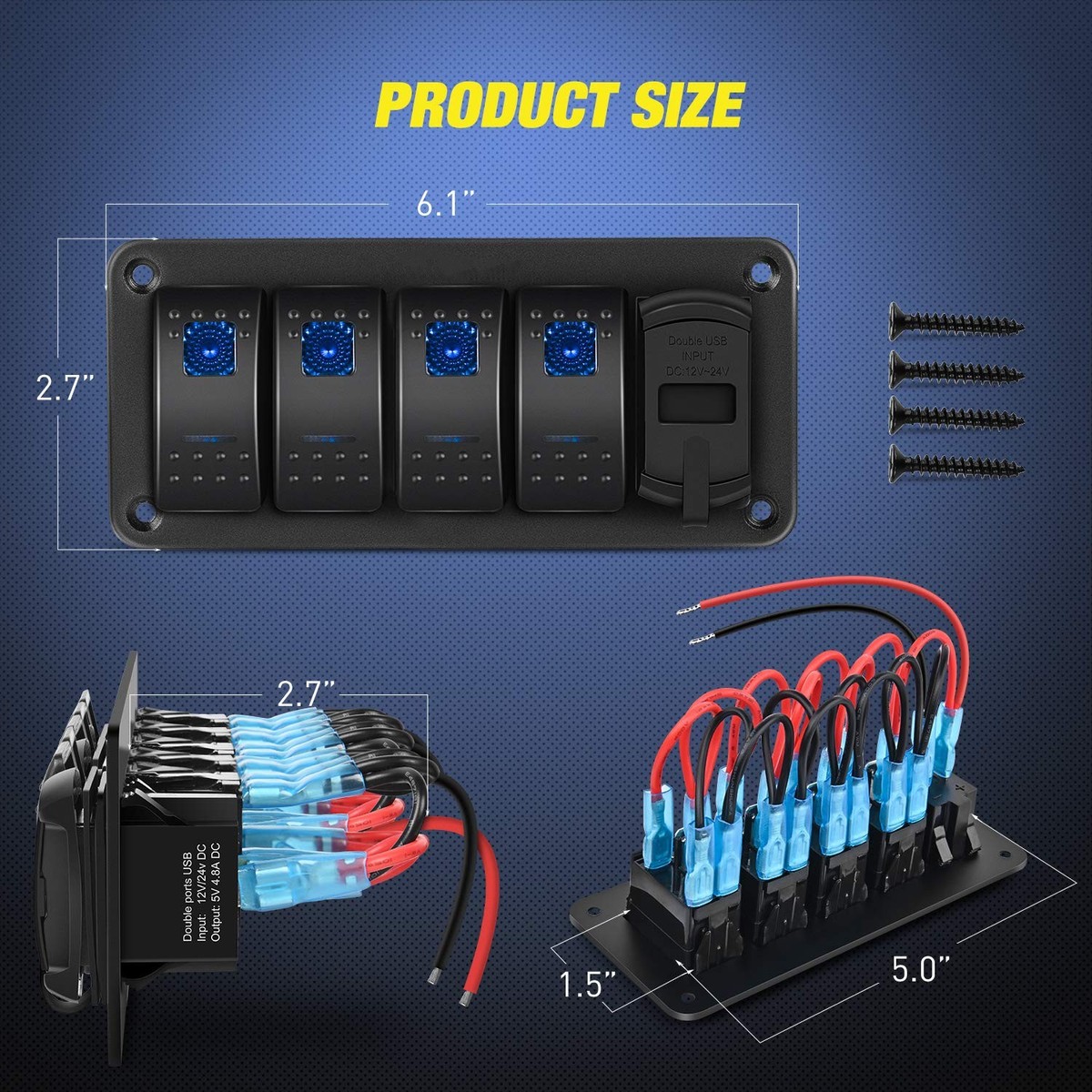 4位汽车改装翘板开关组合带4.8A双USB 房车改装4路开关充电器