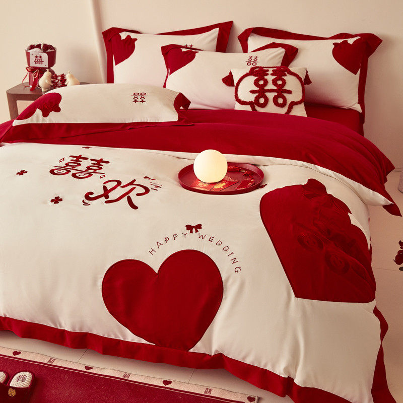 中式婚庆四件套纯棉大红色床单被罩高档全棉结婚陪嫁婚房床上用品,床上用品,婚庆床品套件,淘宝优惠券,粉丝福利购,淘宝优惠卷