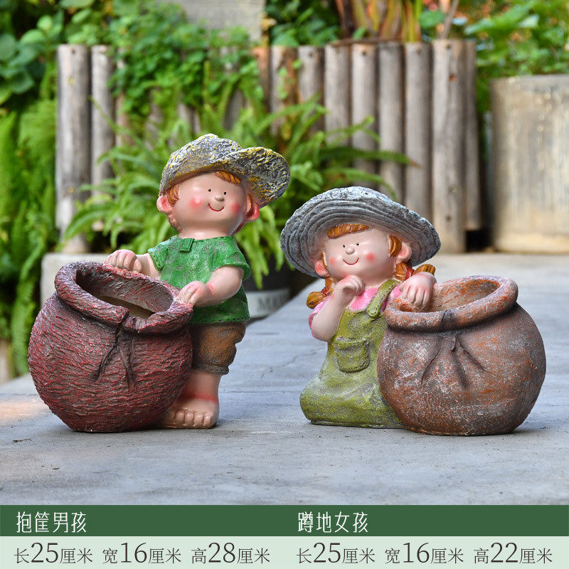 户外花园庭院装饰摆件可爱娃娃别墅卡通人物美式乡村花盆景观造景