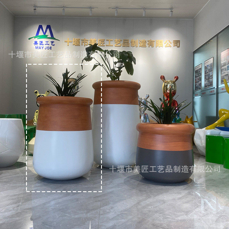 玻璃钢木纹花盆椭圆实木花钵广场池种植绿植商场户外花器木色花坛