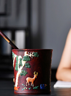 热销印度小叶紫檀镶嵌百宝笔筒百宝嵌笔筒房文房四宝办公用品摆件