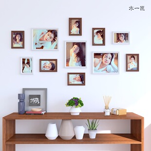 客厅照片墙免打孔墙上实木相框挂墙组餐厅背景墙面装饰品