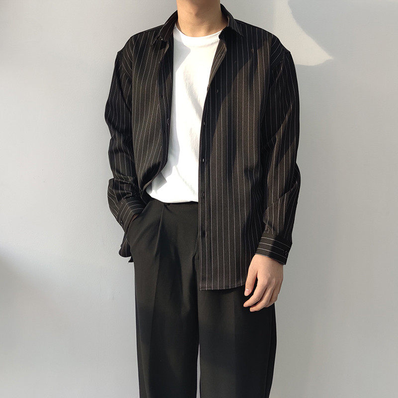 精致抗皱条纹男士宽松长袖衬衫韩版休闲帅气质港风日系潮文艺