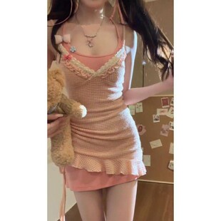 现货日系甜美纯欲少女蕾丝花边抽绳显瘦不规则吊带裙叠穿连衣裙女