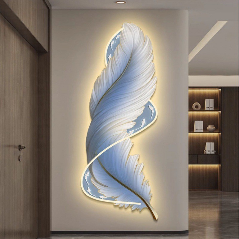 led带灯轻奢羽毛入户玄关装饰画精雕发光挂画壁画高级感简约现代