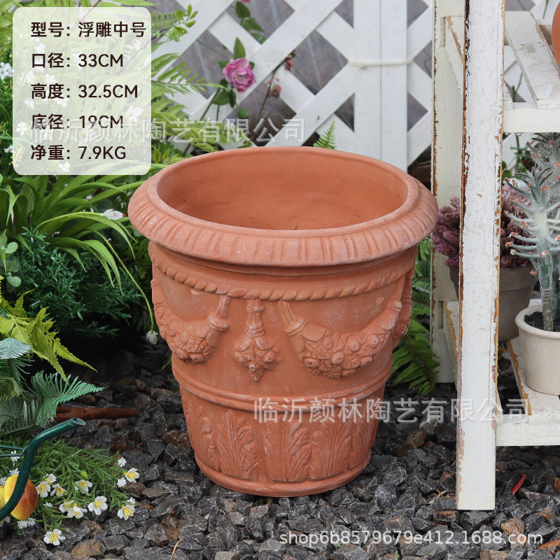 外贸高浮雕盆桶罗马红陶盆高盆田园大口盆陶盆盆盆粗陶透气红泥