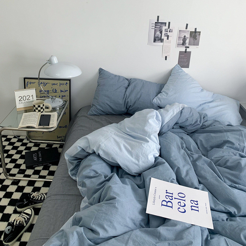 水洗棉四件套ins新款纯色双拼被套罩床笠单人宿舍三件套床上简约4