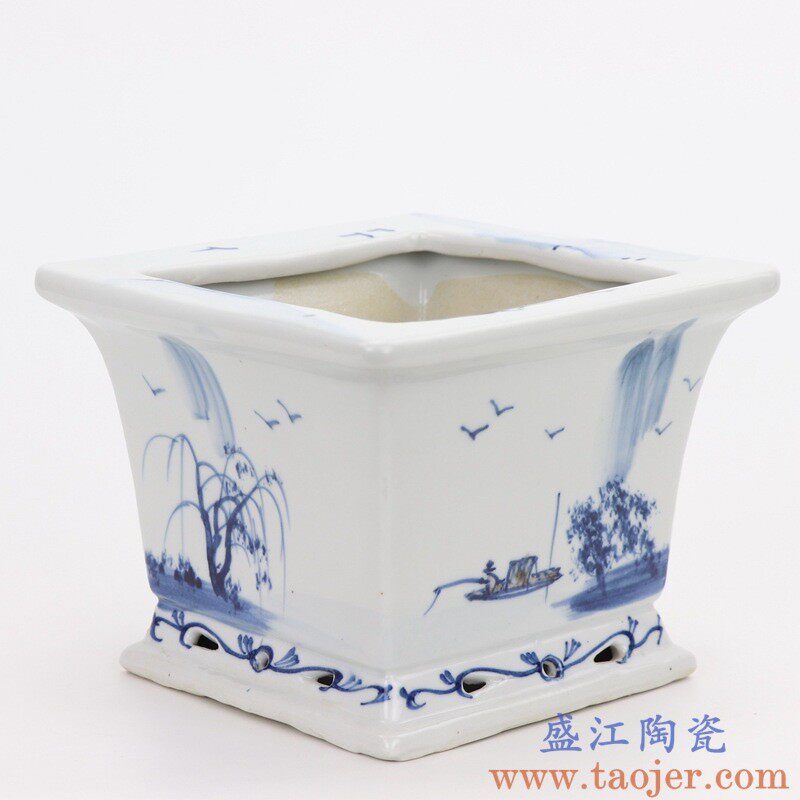 景德镇陶瓷仿古手绘青花山水青釉花盆大号带托盘花卉绿植室内装饰