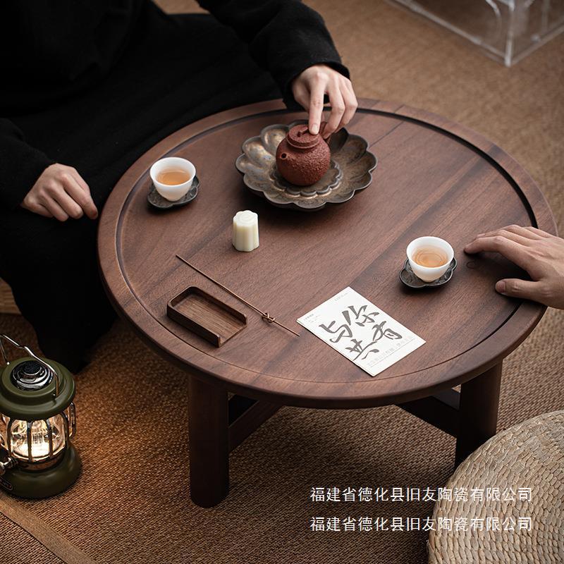 胡桃木圆形小茶桌家用客厅榻榻米实木小茶几户外露营可拆卸泡茶桌