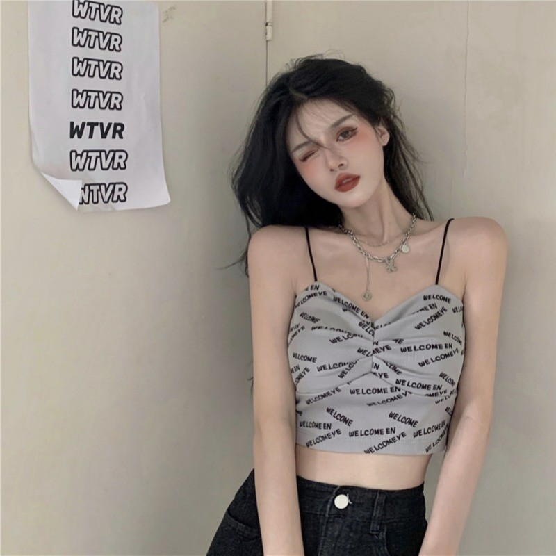 辣妹印花打底黑色吊带带胸垫背心女内搭夏季性感纯欲春季短款上衣
